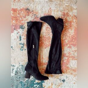 Vegan Faux Suede Black Above The Knee Stretch Boots Stacked Heel